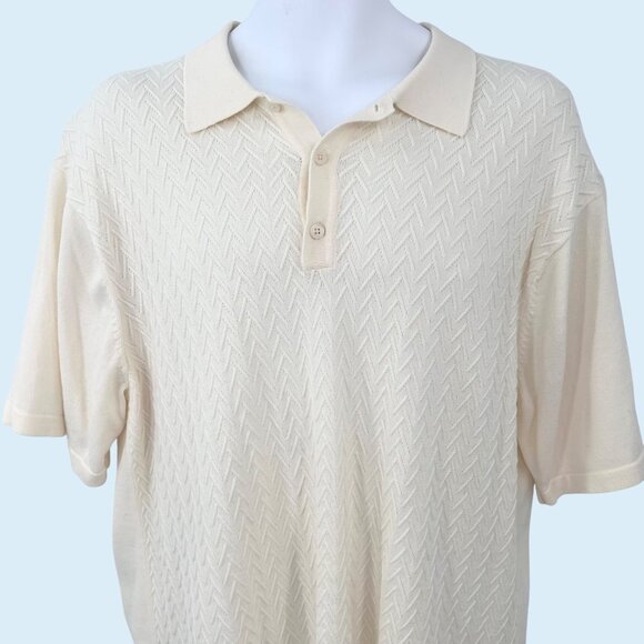 J. Ferrar Cream Textured Herringbone Knit Short Sleeve Collared Sweater - L - Picture 1 of 5